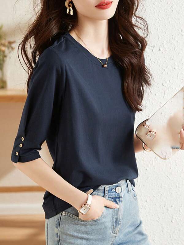 Top casual con diseño de botones y mangas 3/4, nueva camiseta de moda versátil de cuello redondo que estiliza para mujeres