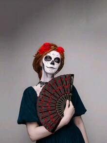 1pc Elegantly Embroidered Sequin Fabric Folding Hand Fan - Multicolor - View 10