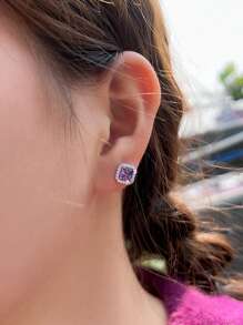 1 Pair 925 Sterling Silver Purple Amethyst Cubic Zirconia Square Stud Earrings For Women, Fine Jewelry Wedding Bridal Party Accessories, Holiday Gift