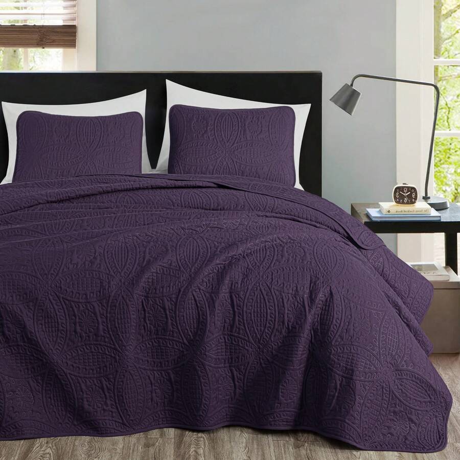 Austin Oversized Bedspread Set 3-Piece Ultrasonic Quilted Soft Lightweight Microfiber Coverlet For All Season - Purple - View 1