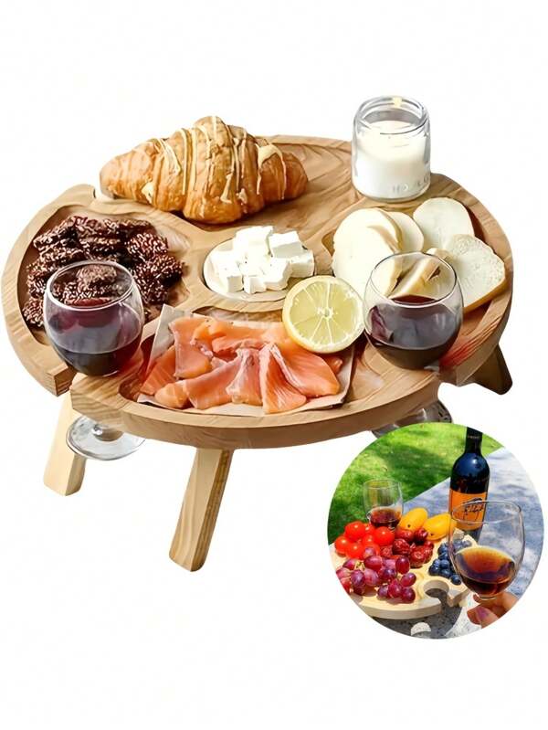 1 pezzo Tavolo pieghevole da picnic in legno fatto a mano con portabottiglie di vino - Tavolo da pranzo portatile per esterno adatto per spiaggia, spiaggia sabbiosa, barbecue, viaggio su strada - Senza elettricità, senza batterie necessarie, stoviglie portatili | Design rustico | Design funzionale, tavolino, accessorio da picnic e campeggio