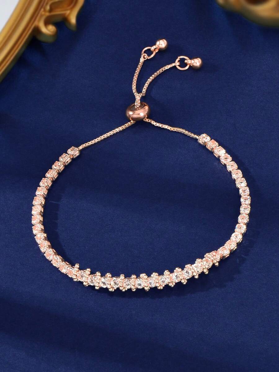 1 Pc Elegant Rhinestone Decor Rose Gold Plated Adjustable Bracelets For Women Party Prom Jewelry School Formal Accessories - Rose Gold - View 1