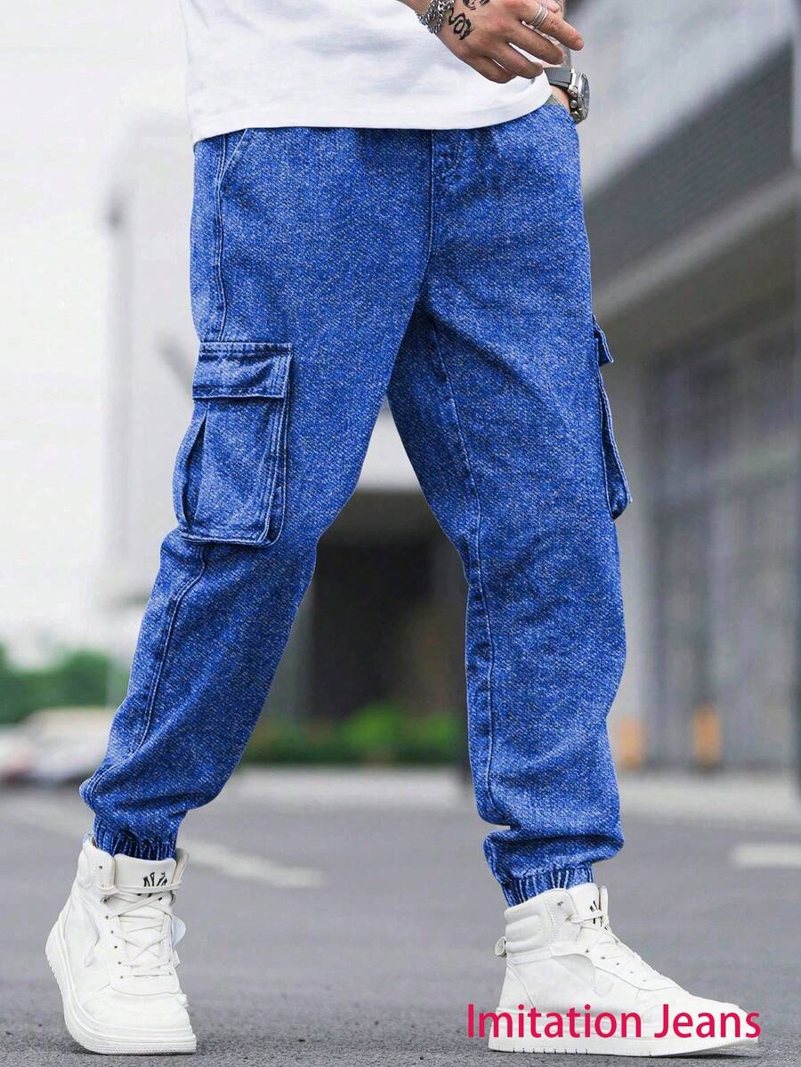 1pc Tween Boy Simple Casual Multi-Pocket Denim Effect Drawstring Pants, Suitable For Spring, Summer, Autumn - Blue - View 1