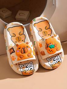1 双女童可爱卡通防滑露趾平底凉鞋，适合夏季 - 米色 - 查看 1