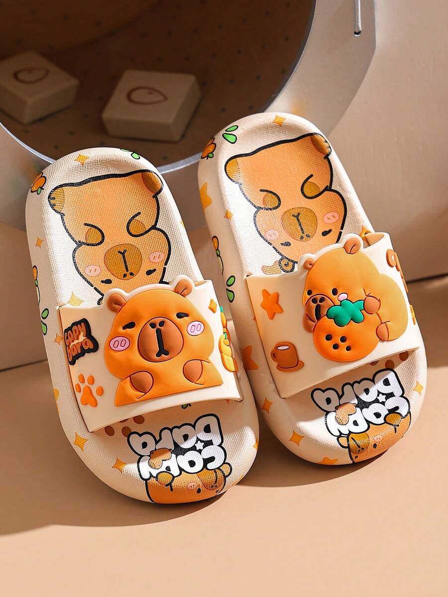 1 双女童可爱卡通防滑露趾平底凉鞋，适合夏季 - 米色 - 查看 1