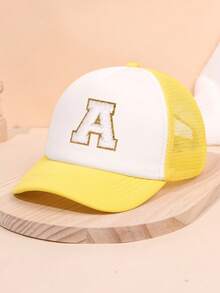 1PC Yellow Mesh Boys And Girls 26 Letter Trucker Hat For Outdoor Fun And Play Sun Protection For Boys And Girls Back To School Daily Wear, Holiday Gift - Yellow - View 3