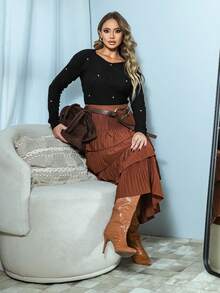 Women's Cold Weather Cropped Pearl Blouse With Diamond Tricot - 黑色 - 查看 2