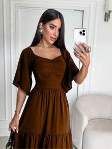 Midi Dress Three Marias Sleeve Short Lined Evangelical Fashion Plain Tricoline Evangelical Fashion - 鏽棕色 - 查看 2