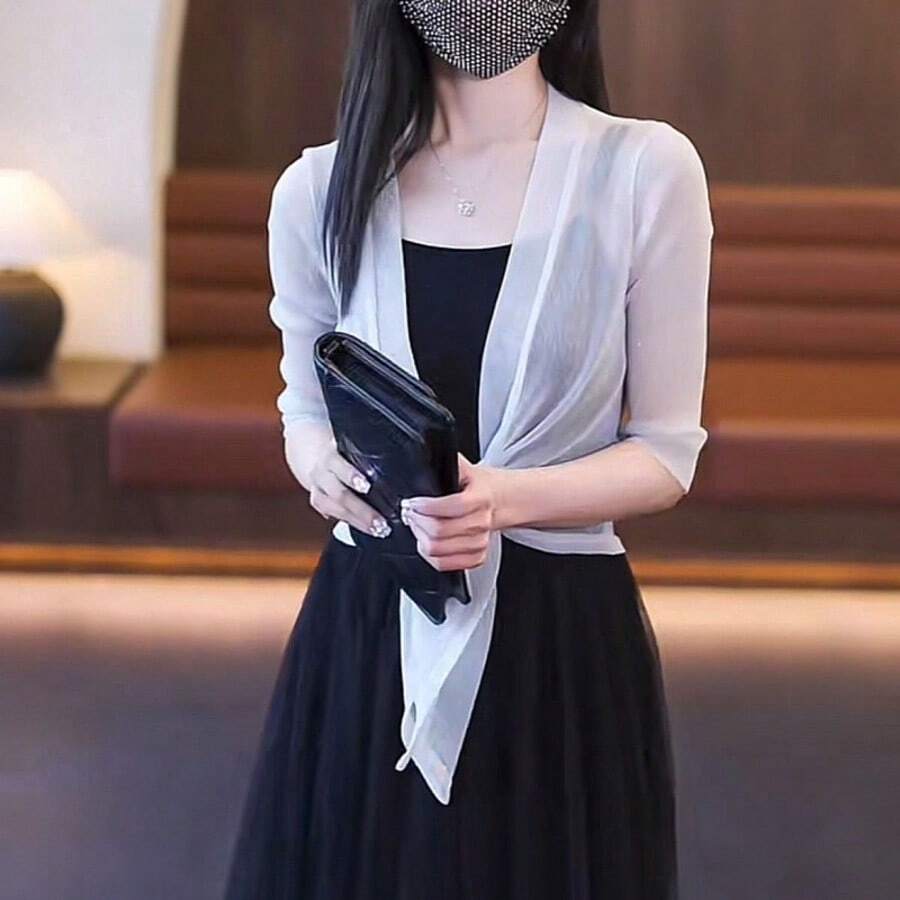 1pc Summer Metallic Yarn Sheer Mesh Bolero Cropped Cardigan, Stretch Lace Lightweight Sun Protection Outerwear, Plus Size For Dress - Multicolor - View 1