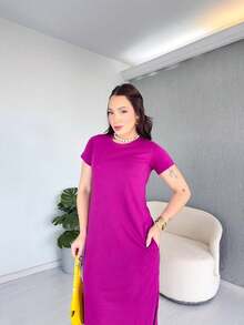 Women's Long Dress 100% Cotton - Màu tím - Xem 3