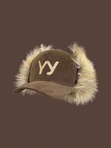 1 pezzo Nuovo paraorecchie in cordoncino caldo con ricamo della lettera YY, in finta pelliccia, per autunno/inverno