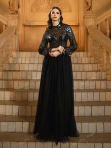 Black Sequin High Neck Puff Sleeves Mesh Skirt Prom Dress, Modest