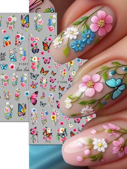 2 Pcs/Set Rose, Butterfly & Floral Nail Art Stickers, Disposable Self-Adhesive Nail Decals For Women & Girls DIY Nail Decoration, Spring/Summer Nails Nail Supplies