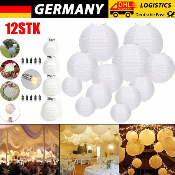 12 Stück Weiße Papierlaternen (Verschiedene Größen) mit 12 Stück Warmweißem Mini-LED-Licht, Runde Lampenschirm-Papierlaterne für Hochzeitsdekoration, Gartendekor, Hofdekor, Restaurant-Deko, Atmosphäre