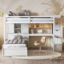 MERAX Twin Over Twin Loft Bed With Built-In Desk And Staircase, With Storage Compartments And Shelves, White/Natural - 白色 - 查看 2
