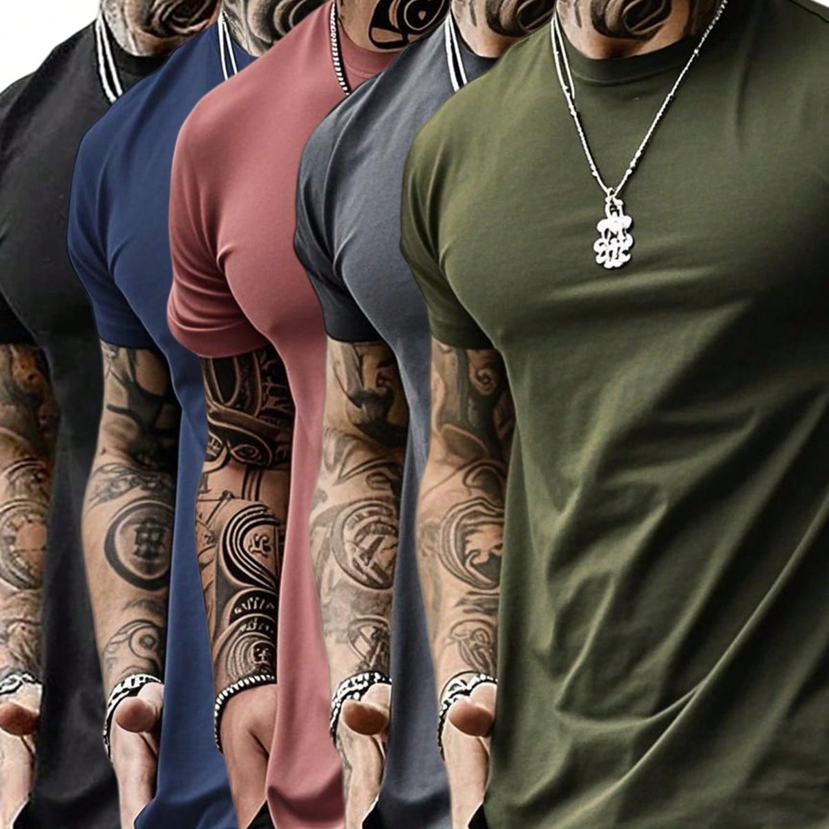 Set de 5 camisetas de manga corta de ajuste delgado de unicolor casual para hombres, para el verano