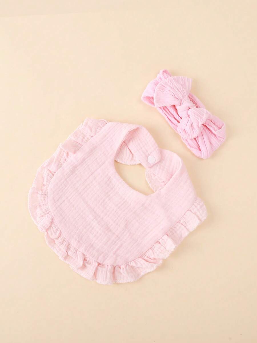 1pc Headband + 1pc Bibs Set, Solid Color Soft Cute Bow Design For Babies - Multicolor - View 1