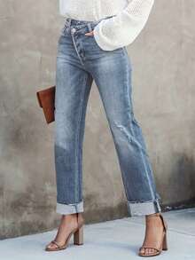 ARWY 修身休闲做旧交叉腰猫须水洗弹力紧身直筒牛仔裤，适合女士，优雅时尚，适合日常、节日、舞台表演、万圣节、返校、所有季节