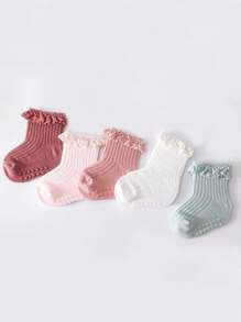5 Pairs Lace Socks For Baby Girls, Mid-Length, Suitable For All Seasons