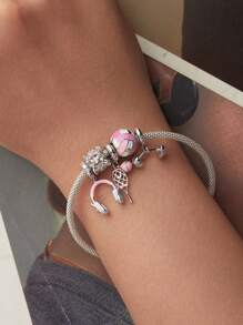 WOSTU 1pc 925 Sterling Silver Pink Girl Style Fitness Equipment Series Pendant Pink Volleyball Dumbbell Headphones Tennis Design Beads Bow Spacer Beads Pendant Fit For Women Original Bracelet Fine Jewelry Gift