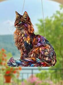 2D Flat Print 1 Piece Colorful Maine Cat Sun Catcher (19cm/7.48in) - Vintage Style 2D Acrylic Fresco With Geometric Design, Interior Hanging Decoration For Bedroom And Living Room, Ideal Cat Lovers Gift