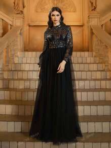 Black Sequin High Neck Puff Sleeves Mesh Skirt Prom Dress, Modest