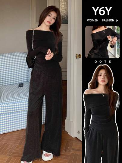 [Y6Y] Off-Shoulder Asymmetrical Long Sleeve Top + Long Straight Leg Pants, 2 Pieces Casual Office Outfit
