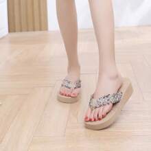 Women Elegant Beige Sandals With Woven Strap - Non-Slip EVA Sole, Mid Heel Thick Bottom, Fashion Outdoor Slippers, Casual Woven Sandals, Elegant Footwear For Summer