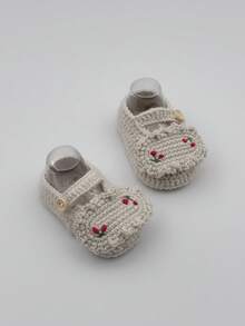 1 Pair Infant Knit Booties With Floral Embroidery, Mary Jane Style, Button Closure - Beige - View 6