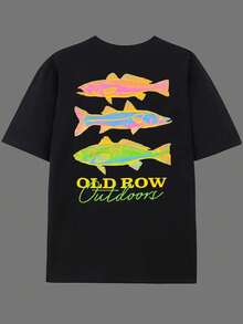 Men's Casual Summer T-Shirt, [Old RowOutdoor] Fish Print, Round Neck, Short Sleeves, Lightweight Cotton Knitted Fabric, Casual Summer Dress Round Neck Shirt | Rib Details. - 黑色 - 查看 2