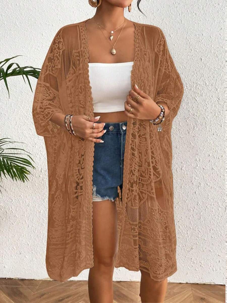 Chic Women's Lace Bikini Cover-Up: 3/4 Sleeves Open Front Sheer Mesh Crochet Kimono Cardigan Perfect For Pool Parties  Beach Days - 咖啡色 - 查看 1
