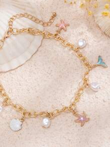 1pc Women's Starfish, Fish Tail, Seashell & Pearl Pendant Ocean Beach Style Fashion Short Necklace