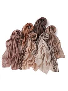 1pc Women's Four-Leaf Clover Embroidered Lace Trim Voile Scarf, Lightweight & Breathable Malaysian/Indonesian Head Wrap - Multicolor - View 5