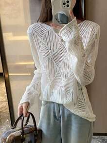 Suéter casual de cuello redondo de unicolor con recortes para mujer - Blanco - Ver 3