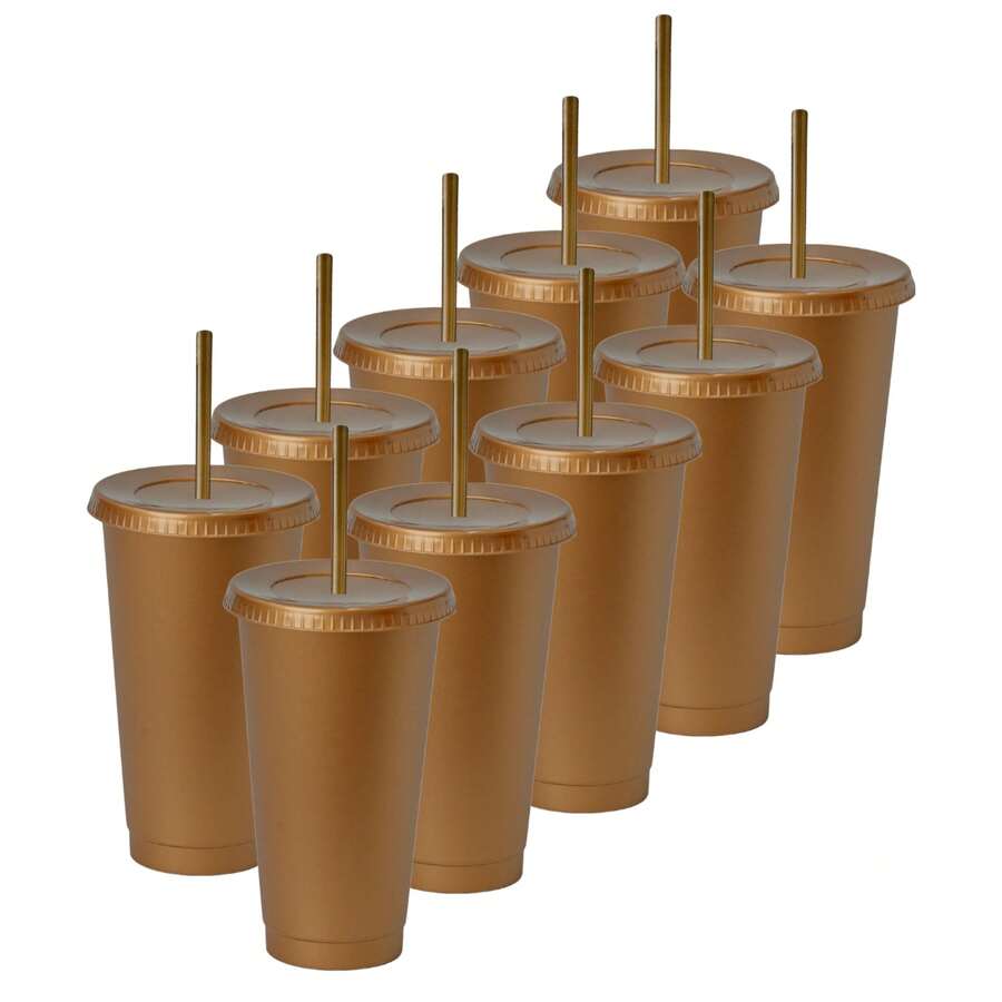 Paquete 10 Vasos Reusables Con Popote Para Bebidas Frías 24 Oz - Oro - Ver 1