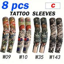 8 件装纹身袖套 - 无缝透气臂套，适合骑行和驾驶 | 防晒降温尼龙面料袖套，覆盖手臂，仿纹身臂套，秋季服装，万圣节装扮，黑色臂套，男士礼物