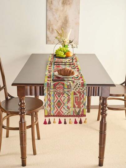 1 peça de caminho de mesa vintage estilo country americano com estampa geométrica colorida em jacquard, decoração de cozinha e jantar, decoração de mesa para festa de aniversário, adequado para todas as estações