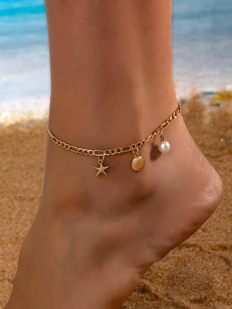 1pc Ocean Theme Starfish & Shell Chain Anklet For Women, Summer Travel & Beach - Yellow Gold - View 1