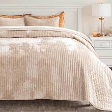 King Size Beige Taupe Velvet Quilt Set, Luxurious Soft Striped Channel Bedding, Lightweight Velvet Comforter, Oversized Bedspread Coverlet, With 2 Matching Shams, All Season - Beige Taupe - View 2