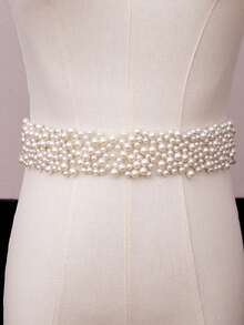 1pc Bridal Faux Pearl Beaded Waistband, Fashion Thin Gauze Tie-Up Wedding Dress Belt, Also Can Be Used As Headpiece For Party Dress Accessories Valentine's Day Accessories