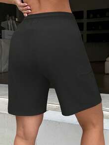 Women's Outdoor Multi-Pocket Cargo Loose Casual Bermuda Shorts, Elastic Waist Drawstring Sports Shorts For Running, Exercise, Black