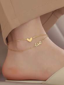 1 件女士时尚优雅双层英式心形脚链，防水不锈钢防褪色，适合日常佩戴、派对、海滩
