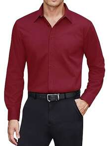 Mens Elegant Shirt Long Sleeve Dress Solid Color Button Shirt For Formal Office Wear With Shirt Collar Men's Clothing Wedding Suit Fashion Casual Business Commuting Men Shirts - 酒紅色 - 查看 1