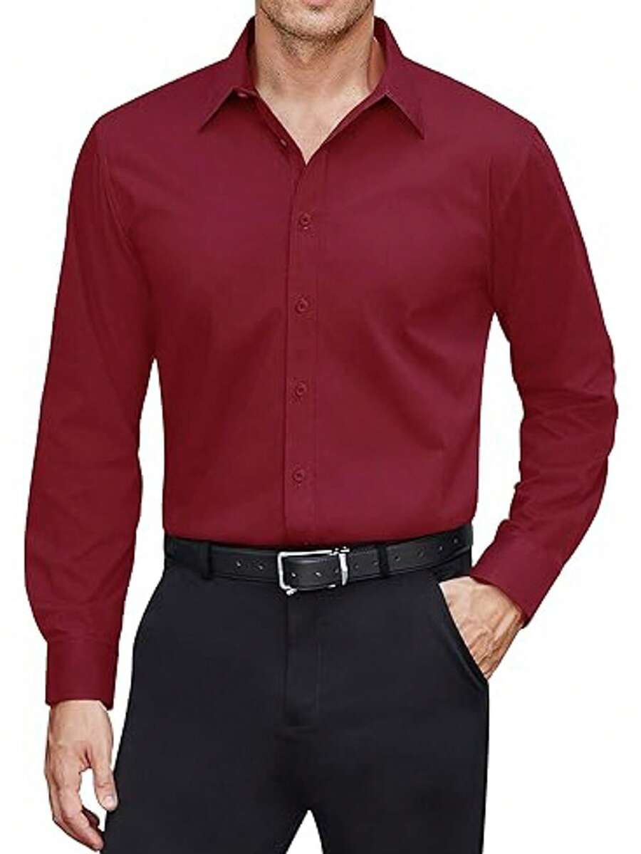 Mens Elegant Shirt Long Sleeve Dress Solid Color Button Shirt For Formal Office Wear With Shirt Collar Men's Clothing Wedding Suit Fashion Casual Business Commuting Men Shirts - 酒紅色 - 查看 1