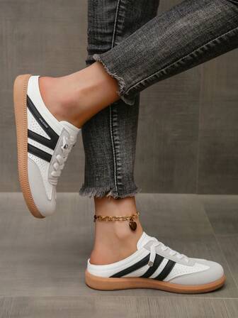 Women's Casual Sneakers, Spring New Retro Style Lace-Up Low-Top Mix-Color Half-Mule Trainers