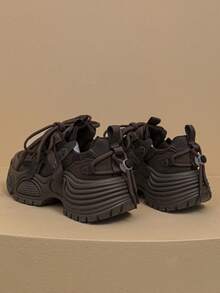 New Platform Wedge Thick Bottom Increased Height Women's Shoes, Ladies Casual Breathable Mesh Chunky Chunky Sneakers, Leather Patchwork Fashion Personalized Female Student Shoes, Elegant Ladies Mallard Style Street Snap Outdoor Shoes, Stylish Women Sports Shoes - Brown Mesh - View 5