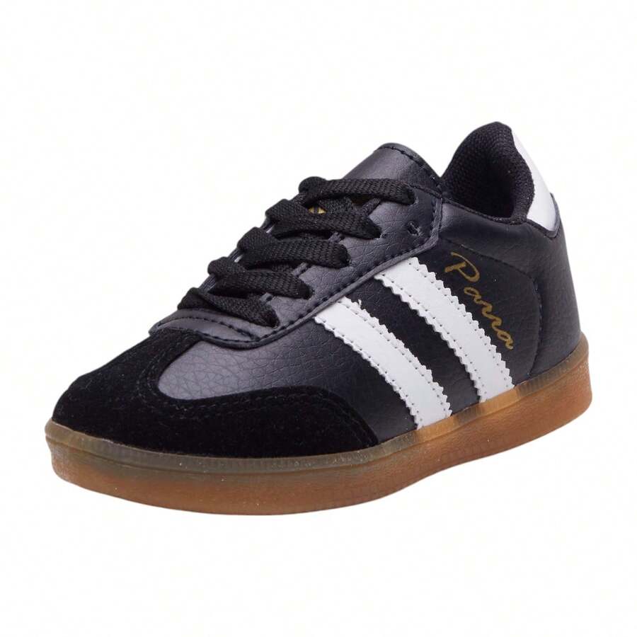 Tenis unisex para niños con líneas decorativas blancas, mezcla y, agujetas funcionales y punta redonda - Negro - Ver 1
