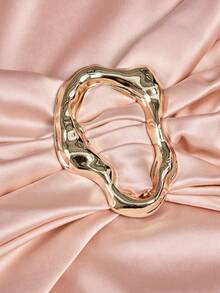 Plus Size Women's Elegant High Stretch Satin Solid Color Asymmetric Ruffle Collar Maxi Dress, Long Sleeve, Metal Button Detail, High Slit Design, Suitable For Party, Anniversary, Valentine's Date, Birthday Party And Other Occasions Pink Spring - Pink - View 7