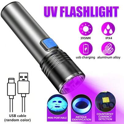 KENSUN 1pc 395nm High-Power UV LED Flashlight, USB Rechargeable, Adjustable Focus, Waterproof, Suitable For Outdoor Camping, Emergency, UV Urine Detection, Camping Accessory
