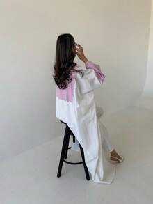 1pc Women's Printed Solid Color Patchwork Long Cardigan Abaya, Elegant, Fashion, Multi-Color Print, Suitable For Daily Life, Festivals, Parties, Modest Kaftan - White and Pink - View 2